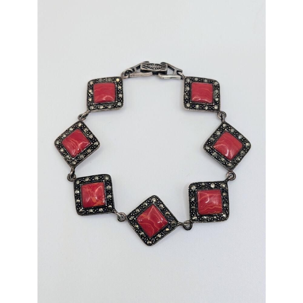 Vintage Sterling Silver Marcasite Red Stone Bracelet 925 with 875 Clasp Signed